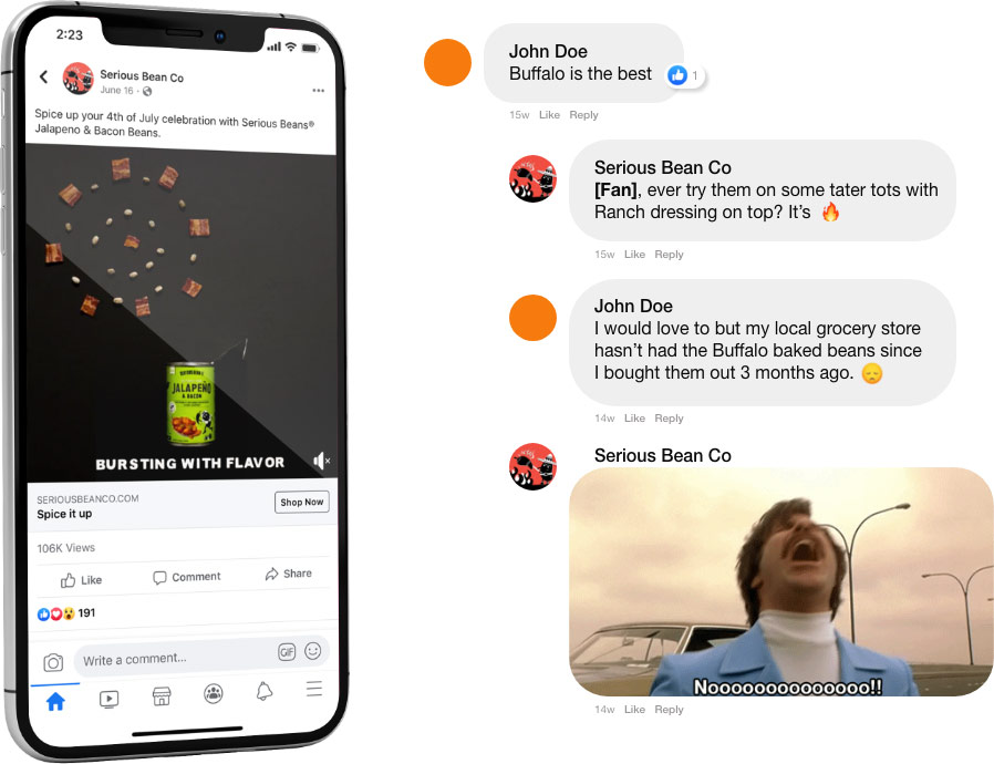 Facebook comments and iPhone displaying Serious Beans social